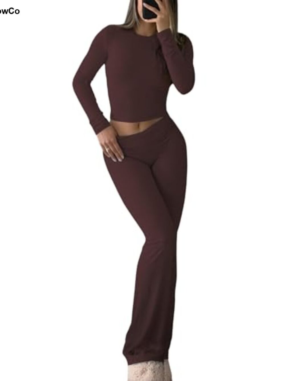 Y2K 2 Piece Lounge Set Crop Top Flare Pants High Waisted Soft Knit